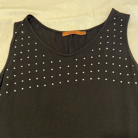 Bellini size S black tunic with silver embellishments drapey shark bit hem EUC - Picture 2 of 7